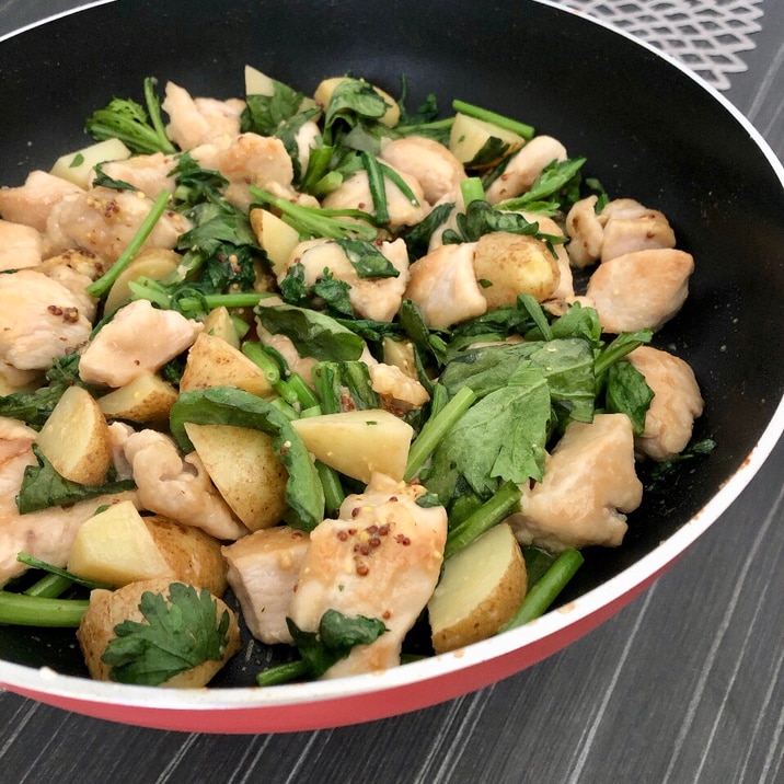 鶏肉と新じゃがと春菊のガーリックマスタード炒め レシピ 作り方 By Ma Ma Yu Mi 楽天レシピ 鶏肉と新じゃがと春菊のガーリックマスタード炒め レシピ 作り方 By Ma Ma Yu Mi 楽天レシピ